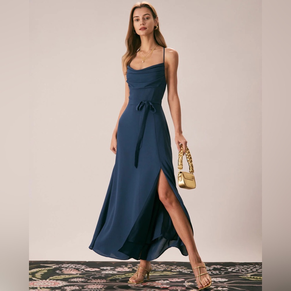 NWT RIHOAS The Navy Cowl Neck Cutout Back Maxi Dress